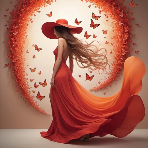 Prompt: This digital artwork portrays an elegant, surreal scene featuring a woman dressed in a flowing red gown and a wide-brimmed red hat. The woman's long hair cascades down her back, blending seamlessly with the vibrant red and orange hues of her dress, which seems to morph into swirling patterns of flowers and delicate tendrils. The background is a warm gradient, transitioning from a soft beige to a gentle orange. Surrounding the woman are several large, red butterflies in mid-flight, adding a sense of movement and ethereal beauty to the composition. The overall image evokes a dreamlike, whimsical atmosphere, with a harmonious blend of vibrant colours and intricate details that draw the viewer into the fantastical world depicted.