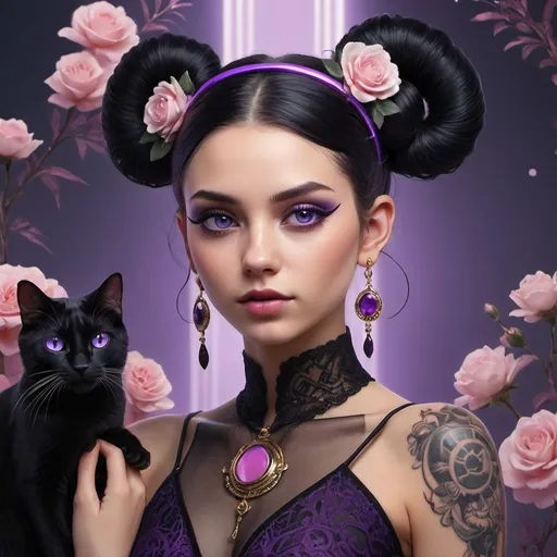 Prompt: A digital artwork featuring a striking character with a futuristic gothic style. The character is a young woman with long, dark hair styled in twin buns and adorned with a black cat ear headband, adding a playful yet mysterious touch to her appearance. Her vivid purple eyes are captivating, framed by delicate eyeliner and subtle gold glitter that enhances her gaze. She wears long, tasselled earrings in a rich purple that complements the colour of her eyes.

Her attire is a mix of elegance and edginess, consisting of a form-fitting, semi-transparent lace top with metallic accents that catch the light. The top has intricate floral patterns and a high neckline, giving it a sophisticated look. She has tattoos on her shoulder and forearm; the shoulder tattoo features a crescent moon surrounded by floral designs in shades of pink and blue, while the forearm tattoo showcases detailed floral motifs in black and grey, seamlessly blending with her outfit.

The background suggests a modern, possibly futuristic setting, with sleek lines and soft lighting that casts a gentle glow on her figure. The overall atmosphere is one of mystery and elegance, with the character exuding confidence and style. Her pose is relaxed yet poised, as she seems to be ready to engage with the viewer or continue on her path in this stylish, futuristic world.
Tags: gothic style, futuristic fashion, digital art, tattoos, elegant, mysterious, character design.