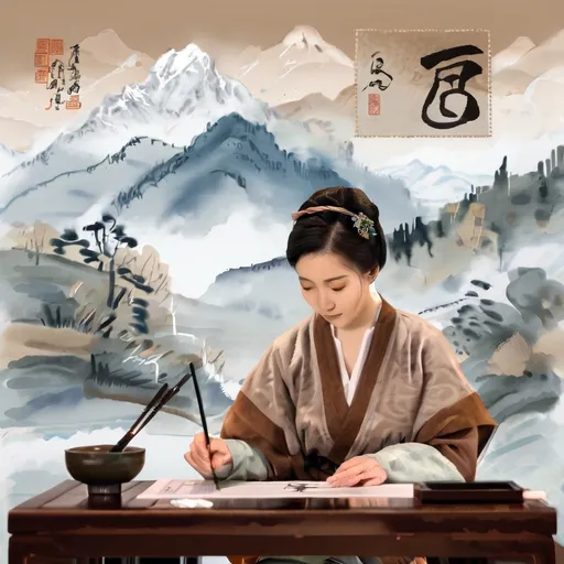 Prompt: A digital artwork with a traditional Chinese style featuring a young woman deeply focused on her calligraphy. She is dressed in a simple, traditional brown garment with her hair neatly tied up in a bun. The background depicts a serene mountain landscape, with misty peaks and valleys rendered in soft, watercolor-like strokes. The scene exudes tranquility, with the woman sitting at a wooden table, her brush poised delicately over a sheet of paper. The inclusion of traditional Chinese stamps and script in the top right corner adds to the authenticity of the piece. The overall composition combines modern digital techniques with classic East Asian artistic elements, capturing a moment of peaceful concentration in an elegant and timeless setting.