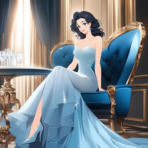 Prompt: A unreal anime artistic rendered full body image of a woman with a extremely colossal chest, curvaceous and attractive figure, very slim body and she is wearing an elegant blue dress with a very deep off-shoulders neckline. She has a short disheveled black hair, grey eyes, discrete smile, her limbs are red. The background is an elegant Italian restaurant and she is sitting on a chair  next to the elegant table with a glass of water and a cup of white wine.