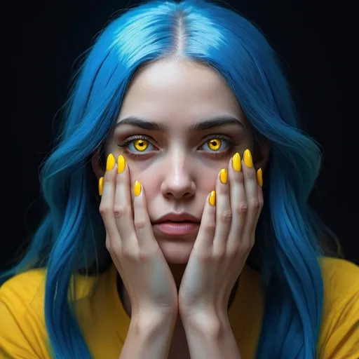 Prompt: A close-up, surreal digital portrait of a mysterious female character with intense, glowing yellow eyes and long, vibrant blue hair. She has a serious, contemplative expression, with her hands folded in front of her face, showcasing sharp, golden nails. The scene features a reflective surface beneath her, adding depth to the image. The dramatic lighting enhances the striking contrast between the deep blue and bright yellow tones, creating an intense, mystical atmosphere.
