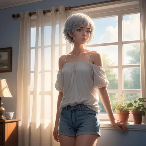 Prompt: "BLIP": "An anime-style artwork of a young woman with short grey hair and blue eyes, standing barefoot near a window. The lighting in the room is soft, with warm sunlight streaming through the curtains. She wears a white off-shoulder blouse and denim shorts. The setting is peaceful and evokes a calm morning or early afternoon ambiance.",