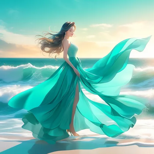 Prompt: beautiful flowing teal beach fashion and a cat, soft cinematic rendering , realistic anime