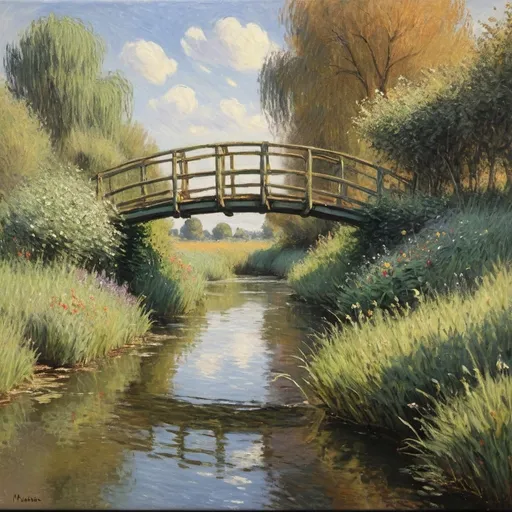 Prompt: A ((Monet masterpiece of Impressionist art:2.0)) depicting a (wooden bridge:1.5) gracefully spanning a (serene river:1.4). The painting embodies the core principles of Impressionism, with the scene capturing the natural beauty of the landscape at a specific moment in time. The brushstrokes are ((loose and fluid:1.7)), with pure colours—(blue, red, yellow, and their secondary hues:1.3)—applied directly onto the canvas without blending on the palette. The brushstrokes are ((juxtaposed:1.5)), creating a textured surface that adds depth and movement to the scene. The light and colour unify the composition, with the scene reflecting the changing light and the artist's impression of the moment. The volume is suggested through the careful placement of colour rather than defined contours, and the perspective flows naturally from the foreground to the horizon, creating a sense of depth without relying on geometric rules. The overall effect is that of a ((timeless and magnificent work of art:2.0)), evoking the beauty and emotion of the moment as seen through the eyes of a true Impressionist master. --style Monet impressionist --ar 4:3 --v 5 --q 10 --seed 873459