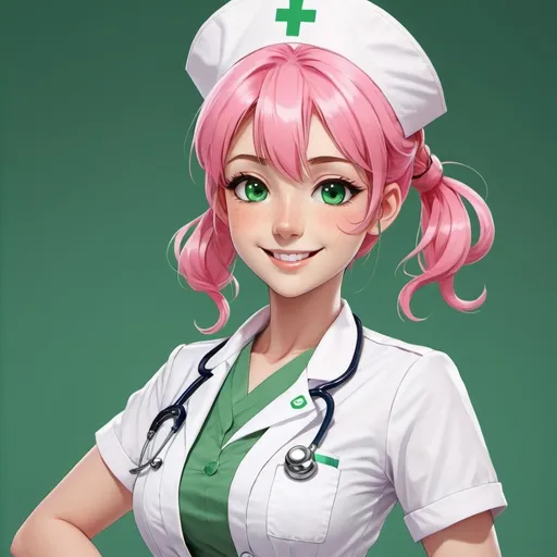 Prompt: This image features an anime-style depiction of a nurse with a cheerful and lively expression. The nurse has pink hair styled in twin braids with green highlights framing her face. She is dressed in a sleek, modern nurse uniform that is form-fitting and white in colour. The outfit includes a short dress with buttons on the side, a matching white nurse cap, and knee-high boots. The character's green eyes and friendly smile convey an inviting and approachable demeanour. The background is plain, allowing full attention to be focused on the nurse, highlighting her vibrant personality and modern attire.