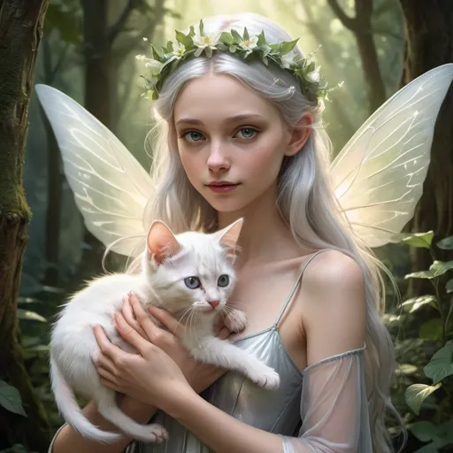 Prompt: A photorealistic digital artwork depicting a young fairy with pointed ears, pale skin, and long silver hair. She is holding a small grey kitten in her arms while gazing forward with a serene expression. The fairy is dressed in a light, shimmering outfit that reveals her abdomen and back, with her translucent, glowing wings extending behind her. She is adorned with a delicate flower crown on her head. The background is a dense forest filled with lush green foliage, which blends softly with the natural, gentle lighting that highlights the fairy and the kitten.