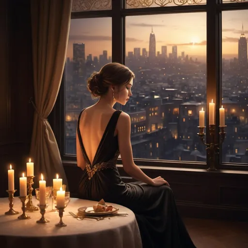 Prompt: A detailed and atmospheric digital illustration of a woman sitting alone at a candlelit table in a luxurious setting. The woman, dressed in an elegant, dark evening gown, is gazing out of a large window that reveals a sprawling cityscape illuminated by countless golden lights. The warm glow from the candles on the table and the city lights outside creates a soft, romantic ambiance. The scene exudes a sense of solitude and contemplation, with the intricate details of the room and the city below adding depth to the overall composition, enhancing the melancholic yet romantic tone.