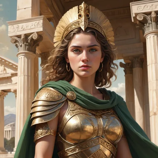 Prompt: A highly detailed digital artwork in a realistic style depicting a young woman in ancient Greek attire, standing confidently against the backdrop of a classical temple. She has striking green eyes and dark, curly hair adorned with a golden, intricately designed headpiece, reminiscent of ancient warriors. Her outfit is a combination of a white tunic and a burnt orange cloak draped over her shoulder, fastened with a golden brooch. The armour on her shoulder and forearm gleams in the sunlight, adding to her commanding presence. She holds a spear, suggesting she is a warrior. The background shows a scene of commotion, with people gathered and a fire burning in the distance, adding a sense of urgency and drama to the scene. The lighting is natural, with the sun casting warm highlights on her face and attire, creating a harmonious blend with the historical setting.