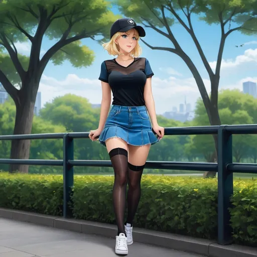 Prompt: A digital rendered anime artistic photo of a 25 years old German blonde woman wearing a black cap, a tight transparent black mesh t-shirt, denim blue short skirt, black high-stockings and black converse tennis. She has intense blue eyes, fair skin, short hair. She has super extremely huge chest, curvaceous figure, slim body, a super extremely deep neckline. There’s a big park, with lot of trees and bushes in the background