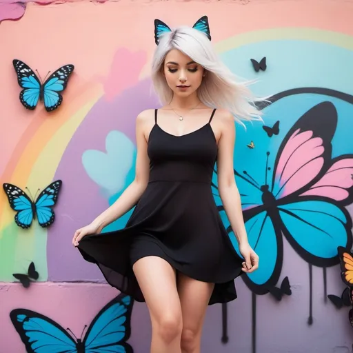 Prompt: kitten, woman platinum ombre hair, butterflies and muted pastel rainbow graffiti wall, little black mini dress, manga style