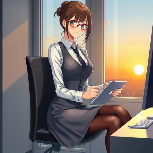 Prompt: A ((digital rendered artistic anime image:2.0)) in 4K resolution. The scene features a (young woman:1.4) dressed in an (Oxford grey suit:1.4), consisting of a (knee-length skirt with a slight slit:1.5), a (stylish and elegant Oxford grey vest:1.5), and a (white blouse with a navy blue tie:1.4). She has (chocolate-colored hair:1.4) tied in a (neat bun:1.3) and wears (designer red glasses:1.4) with a stylized frame. The woman is also wearing (low designer heels:1.3) to avoid fatigue and (black stockings with rose patterns:1.4). Her (strikingly beautiful blue eyes:1.5) are (intense and difficult to ignore:1.5), adding to her captivating presence.

She is seated at a computer, with a tablet and an iPencil beside her, looking (tired yet satisfied:1.5) after an exhausting workday. The window in the background reveals a (summer sunset:1.5) with its characteristic warm colours, creating a contrast with the cool interior. The lighting is (soft and warm:1.5), reflecting the (serene and calming atmosphere:1.4) of the end of the day. --style digital rendered anime --ar 16:9 --q 2 --v 5 --seed 654321 --neg distorted features, harsh shadows, unnatural colours.