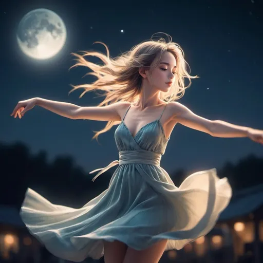 Prompt: anime illustration, beautyful girl, Dancing in the moonlight., Cinematic, DSLR, Telephoto, Side-View, Blur Effect, by Amanda Sage