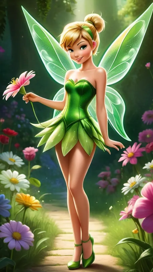 Prompt: A realistic anime art rendered style of a beautiful full-body perfect hourglass figure Tinkerbell, wearing a heart neckline strapless dress, and green flat snickers, she is standing next to a flower. The background is the fairy land.