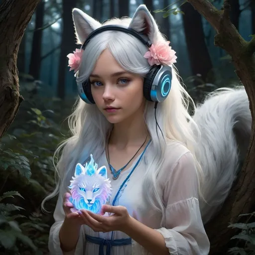 Prompt: In a mystical forest setting, a young woman with fox ears and long silver hair holds a small, glowing blue spirit in her hand. The woman, wearing large headphones with glowing details and a floral crown, is dressed in a white shirt with the name "FLORYN" across the chest and a pink lion emblem. Her gaze is fixed on the spirit, which floats gracefully while emitting a soft light. The overall lighting is dim, but the spirit and the glowing details stand out vividly against the dark forest backdrop.