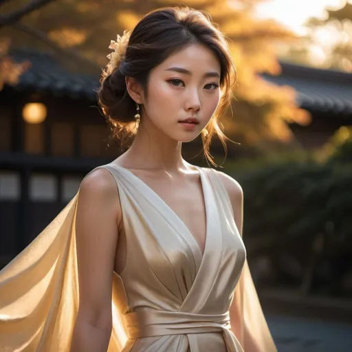 Prompt: Hyperrealism Glamorous Japanese girl showcasing graceful, posture, soft golden hour lighting, delicate shadows, flowing gown, and captivating gaze