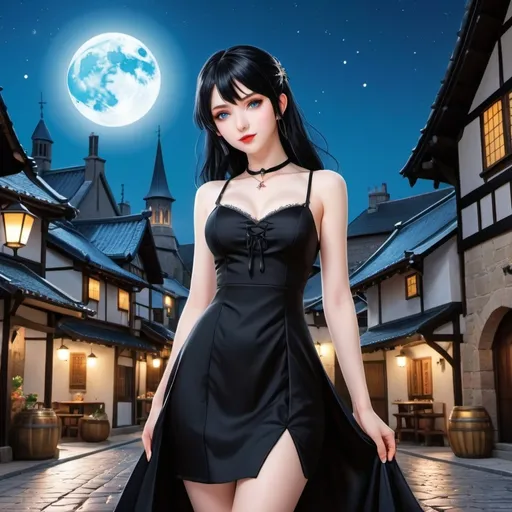 Prompt: A ((realistic anime illustration:1.8)), ((low-angle:1.5)), ((panoramic:1.7)), ((zoomed out:1.5)), ((full body view:1.4)) of a ((beautiful vampire girl:1.7)) with ((fangs:1.5)). She has ((black hair:1.6)), ((pale skin:1.5)), and ((blue eyes:1.5)), wearing an ((elegant black dress:1.6)). The background is a ((dark, creepy medieval European village:1.7)) at ((night:1.5)) with a ((full moon:1.6)), all rendered with ((ultra-detailed realism:1.7)) that emphasizes the ((cool tone:1.5)) of the composition. The style is inspired by ((Anime Key Visual:1.4)), ((Japanese Manga:1.4)), ((Pixiv:1.5)), ((Zerochan:1.5)), and ((Anime art:1.4)). --style realism --ar 16:9 --v 5 --q 5 --seed 987654 --neg bright colors