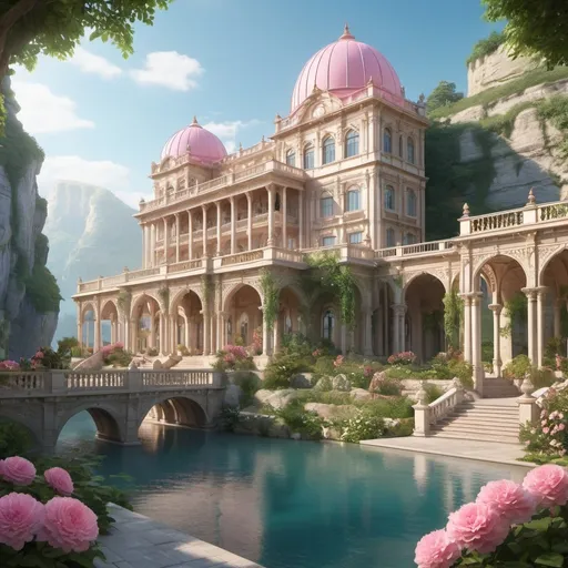 Prompt: A stunning and serene digital artwork depicting a picturesque palace nestled among lush greenery and rocky cliffs. The palace features multiple domed structures and intricate architectural details, all bathed in soft, warm sunlight under a clear blue sky. In the foreground, a lavish breakfast spread is arranged on a beautifully decorated terrace overlooking a calm river. The scene is framed by vibrant pink flowers and ornate columns, adding to the overall sense of tranquillity and luxury. The detailed rendering of both the palace and the natural surroundings creates a sense of immersion, inviting the viewer to imagine themselves in this peaceful and idyllic setting.