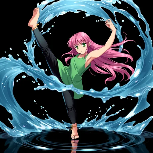 Prompt: A dynamic anime-style digital artwork depicting a young woman with long, flowing pink hair, captured in mid-motion as she performs an acrobatic breakdance move. She is dressed in a sleeveless green top and black pants, with one leg extended upwards and the other supporting her balance on the ground. The background is dark, with the contrast accentuating the water splashes that form a circular motion around her, adding a sense of energy and movement to the scene. Her expression is focused, with bright green eyes that match the intensity of the moment. The lighting emphasizes the fluidity of her hair and the water, making the scene vibrant and full of life. Tags: anime, dynamic pose, breakdance, pink hair, green eyes, water, energetic, modern style, digital art.