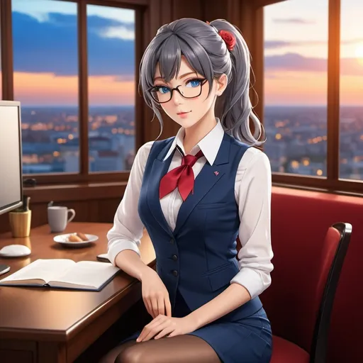 Prompt: A ((digital rendered artistic anime image:2.0)) in 4K resolution. The scene features a (young woman:1.4) dressed in an (Oxford grey suit:1.4), consisting of a (knee-length skirt with a slight slit:1.5), a (stylish and elegant Oxford grey vest:1.5), and a (white blouse with a navy blue tie:1.4). She has (chocolate-colored hair:1.4) tied in a (neat bun:1.3) and wears (designer red glasses:1.4) with a stylized frame. The woman is also wearing (low designer heels:1.3) to avoid fatigue and (black stockings with rose patterns:1.4). Her (strikingly beautiful blue eyes:1.5) are (intense and difficult to ignore:1.5), adding to her captivating presence.

She is seated at a computer, with a tablet and an iPencil beside her, looking (tired yet satisfied:1.5) after an exhausting workday. The window in the background reveals a (summer sunset:1.5) with its characteristic warm colours, creating a contrast with the cool interior. The lighting is (soft and warm:1.5), reflecting the (serene and calming atmosphere:1.4) of the end of the day. --style digital rendered anime --ar 16:9 --q 2 --v 5 --seed 654321 --neg distorted features, harsh shadows, unnatural colours.