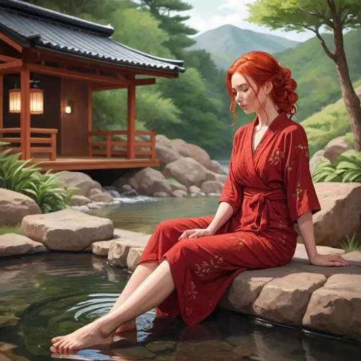 Prompt: A detailed digital illustration of a young woman with red hair styled in a braid, enjoying a relaxing moment by a hot spring. She is dressed in a red wrap dress that highlights her figure. The setting is serene, with natural rocks and greenery surrounding the spring. The wooden structure in the background suggests a traditional Japanese bathhouse. The warm, soft lighting adds to the tranquil atmosphere, with the woman gently dipping her feet into the water.
