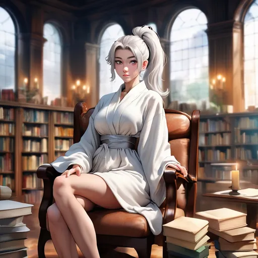 Prompt: A ((contemporary anime-style digital illustration:1.5)) depicting a (young woman:1.3) with (silver hair tied in a high ponytail:1.5), sitting on a chair in an (old library:1.4). She is dressed in a (light ivory robe:1.3), surrounded by (stacks of books:1.4). Her expression is (thoughtful:1.4) as she gazes at the camera. The soft lighting comes from a (large window behind her:1.4), and a (lit candle:1.3) adds a warm touch to the atmosphere. --style anime --ar 16:9 --q 8 --v 5 --seed 457831