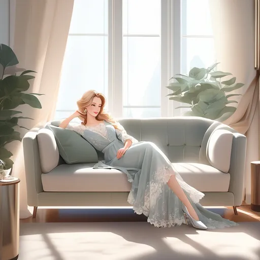 Prompt: Digital artistic anime rendering. Realistic anime rendered style of the 21st century. A (30-year-old woman:1.3) with a ((serene and relaxed expression:1.4)), sitting on a sofa in a ((well-lit living room:1.3)) with ((natural light:1.3)). She has (straight blonde hair:1.2) with a ((small earring:1.2)) in her ear. She is wearing a ((short, elegant silk dress:1.3)) in a ((light colour:1.2)) with ((lace details at the neckline:1.2)) and a ((deep neckline:1.5)). Her expression is ((serene and calm:1.3)), with a ((slight smile:1.2)). She has a (proportioned and well-endowed chest:1.5), a (well-defined and well-endowed figure:1.5), with an (attractive and curvaceous body:1.5) that is (slim:1.4). She is wearing a ((delicate lace outfit:1.4)) that is ((very elegant:1.3)) and ((stylish:1.5)). She is sitting on a (beige sofa:1.2) with a ((cushion next to her:1.2)). The woman is sitting sideways on the sofa, with (one leg crossed over the other:1.2) and (one hand resting on the sofa:1.2) while the other rests on her legs. Her posture is ((relaxed:1.3)), conveying (comfort and serenity:1.3). The background shows a (living room:1.2) with a ((large window allowing natural light to enter:1.3)), softly and warmly illuminating the room. ((Decorative plants:1.2)) and ((light curtains:1.2)) complement the ((cosy atmosphere:1.3)) of the living room. The ((natural lighting:1.2)) highlights the details of the woman's face and outfit, creating ((soft shadows:1.2)) that add depth to the image. --style realistic anime rendered --ar 16:9 --q 10 --v 50