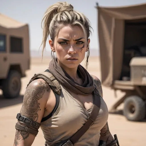 Prompt: This image portrays a fierce and determined female character in a post-apocalyptic or desert-themed setting, armed and ready for action. She is dressed in a rugged, beige wrap-style outfit that accentuates her athletic build while providing mobility and practicality in harsh environments. Her hair is styled in a messy yet controlled topknot, adding to her warrior-like persona. The character's skin is adorned with intricate tattoos, hinting at a rich backstory and possibly tribal affiliations. She grips a futuristic-looking firearm with confidence, her piercing eyes fixed on something out of frame, suggesting she's always ready for battle. The muted tones of the background, coupled with the earthy colours of her attire, emphasize the stark and unforgiving world she inhabits.