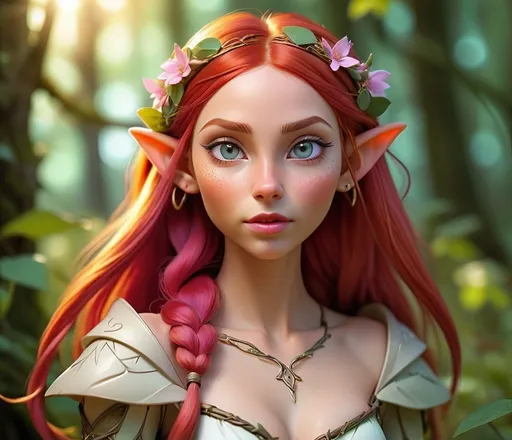 Prompt: (22-year-old elven girl), (red hair), (pointed ears), sun-tanned skin, striking luminous eyes, full pink lips, small delicate flowers emerging from her skin, vibrant colors, ethereal ambiance, enchanting forest background, mystical light filtering through leaves, soft focus, delicate details, enchanting mood, ultra-detailed, high-quality portrayal.