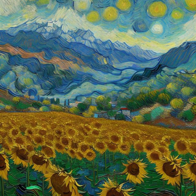 Prompt: The surrounding area is filled with colorful sunflowers against a backdrop of mountainous scenery. In the style of Van Gogh 