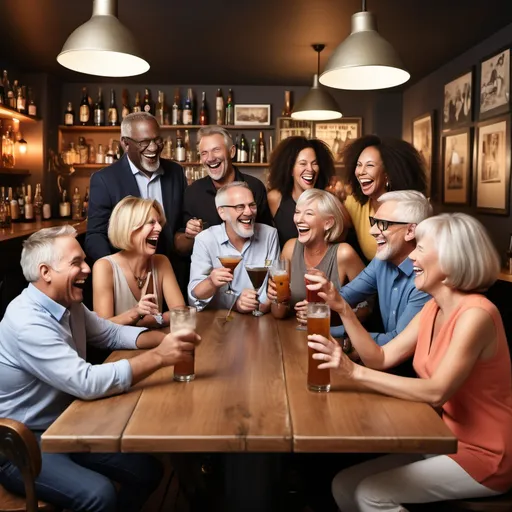 Prompt: image of seven people in their fifties meeting in a bar for cocktails
 laughing having fun mixed races ABCD on wall Art Beer Coffee Dance  Having dinner in a nice place long table