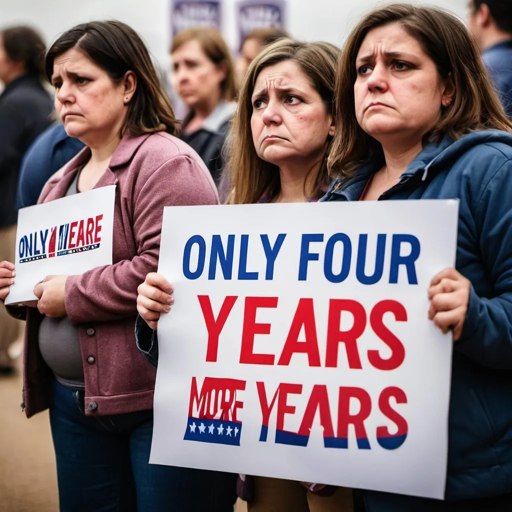 Prompt: SAD FEMALE 
VOTERS HOLDING A SIGN SAYING ONLY FOUR MORE YEARS     