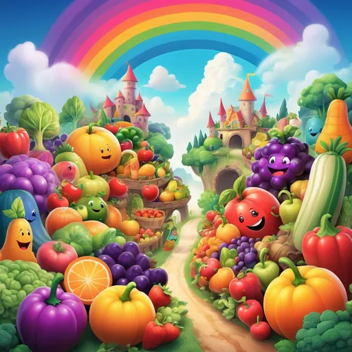 Prompt: "A magical world full of colorful fruits and vegetables with smiling faces, bright colors, rainbow clouds, and a mystical atmosphere."
