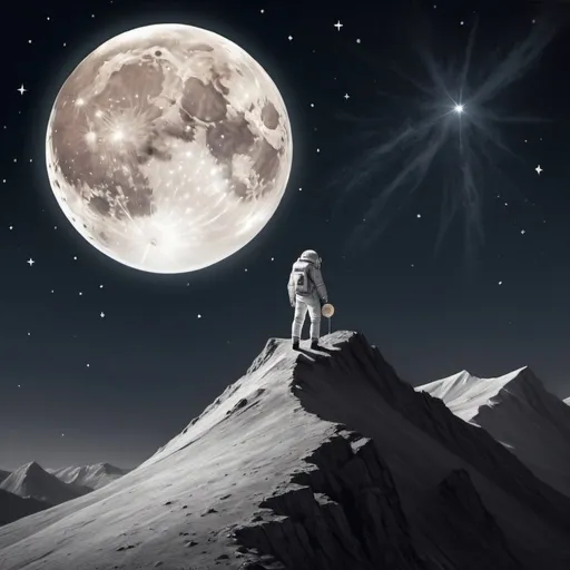Prompt: un astronauta hacentado en una montaña con un cieleo estrellado y una luna llena con un estilo de dibujo