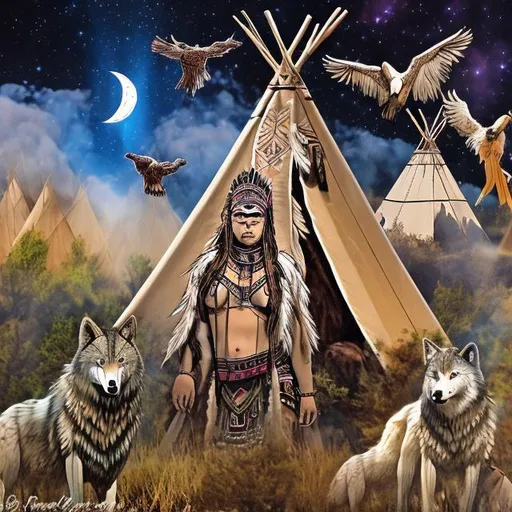 Prompt: Electrical powerful Texas tribal Viking and native American Goddess Woman, wolf watching, eagle flying, trees in background, buffalo herd roaming in the background, teepee temples with electricity