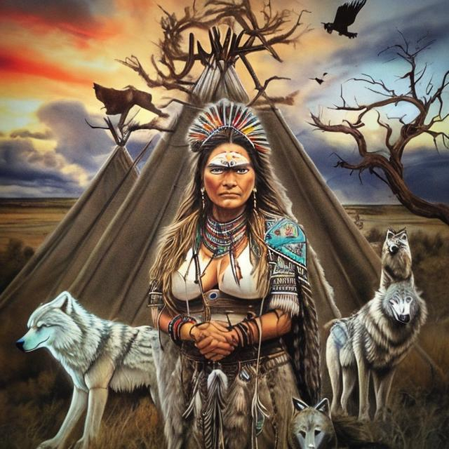 Prompt: Electrical powerful Texas tribal Viking and native American Goddess Woman, wolf watching, eagle flying, trees in background, buffalo herd roaming in the background, teepee temples with electricity