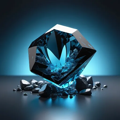 Prompt: 3D Rendering of a Glossy Black Fractured Gem with light blue particules around it on a Vibrant floor with different shades of light blue and black background. Diffuse light blue ambers and smoke around the gem. Use one directional lighting. Show light blue rocks in the background.