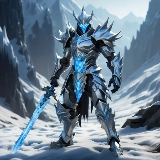 Prompt: A highly detailed, realistic image of a Genji/Frost Death Knight fusion.  The figure stands in a frozen mountain pass with jagged peaks in the distance. A single, strong light source from the upper left casts long shadows.  Highly polished steel armor, reflecting the cold light, with visible scratches and wear. Translucent ice crystals forming on the armor and sword, sparkling in the light. Sleek, dark metallic cybernetic components with glowing blue lines pulsing beneath the surface.  Deep shadows where surfaces meet.  Distant mountains appear lighter due to atmospheric haze. Scattered rocks and patches of ice in the foreground.  The figure's pose conveys weight and balance.  High resolution, with subtle cracks and scratches on the armor and frost clinging to the edges of the sword.