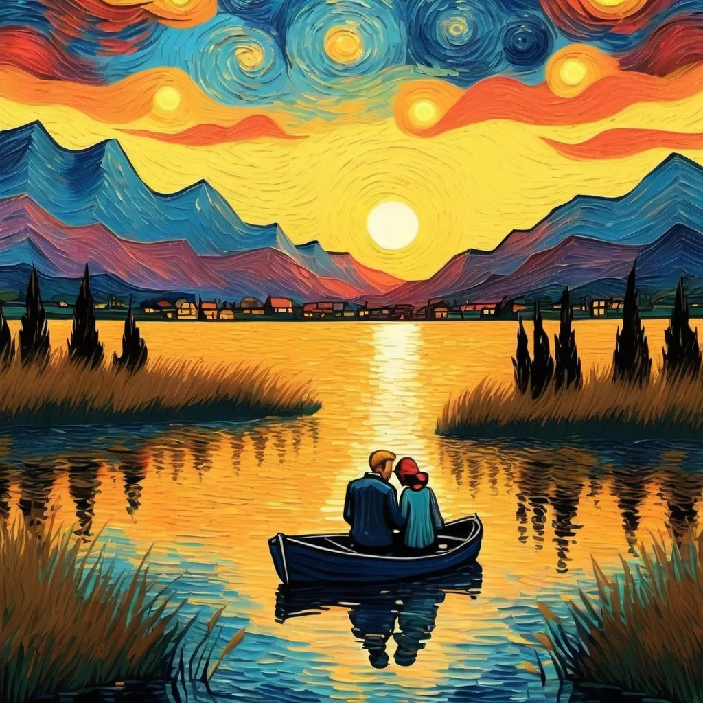 Prompt: Create a Van Gogh type phone wallpaper with lake, sunset, happy couple and it should be bright 
