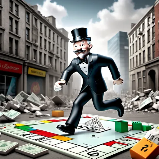 Prompt: the Monopoly man un a 3d life size Monopoly boardgame with 3D elements, he's running through the board in a hurry, he's worried, the buildings are crumbling all around, in the backgrund there's a chart showing the collapse of the economy, survival mode