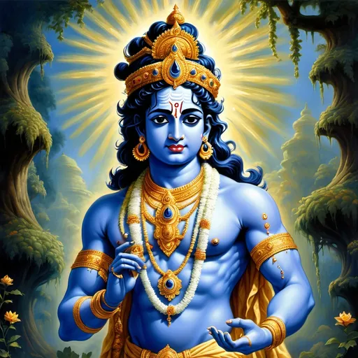 Prompt: Lord Krishna, the Tanith god of universe, is depicted as a towering figure with skin the color of rich blue, often described as a deep, mossy blue. His stature is imposing yet graceful, his body adorned with golden ornaments resembling winding vines and leaves that seem to grow to protect him. His eyes, a striking contrast to his verdant complexion, are a piercing amber that glows with an otherworldly light, reflecting the wisdom and ancient power he embodies. curly hair, if one can call it that, is a silky hair that sway gently with his movements, blending seamlessly with the dense foliage of his domain. Feth's presence is often accompanied by the scent of damp earth and fresh leaves and birds and peacocks and deers, evoking the essence of the forest itself. He moves with a fluidity that suggests a deep connection to the natural world, his every gesture echoing the cycles of growth and decay that define his realm. Overall, Feth embodies the primal beauty and raw power of nature, a guardian and embodiment of the Tanith forest's mysteries and vitality.