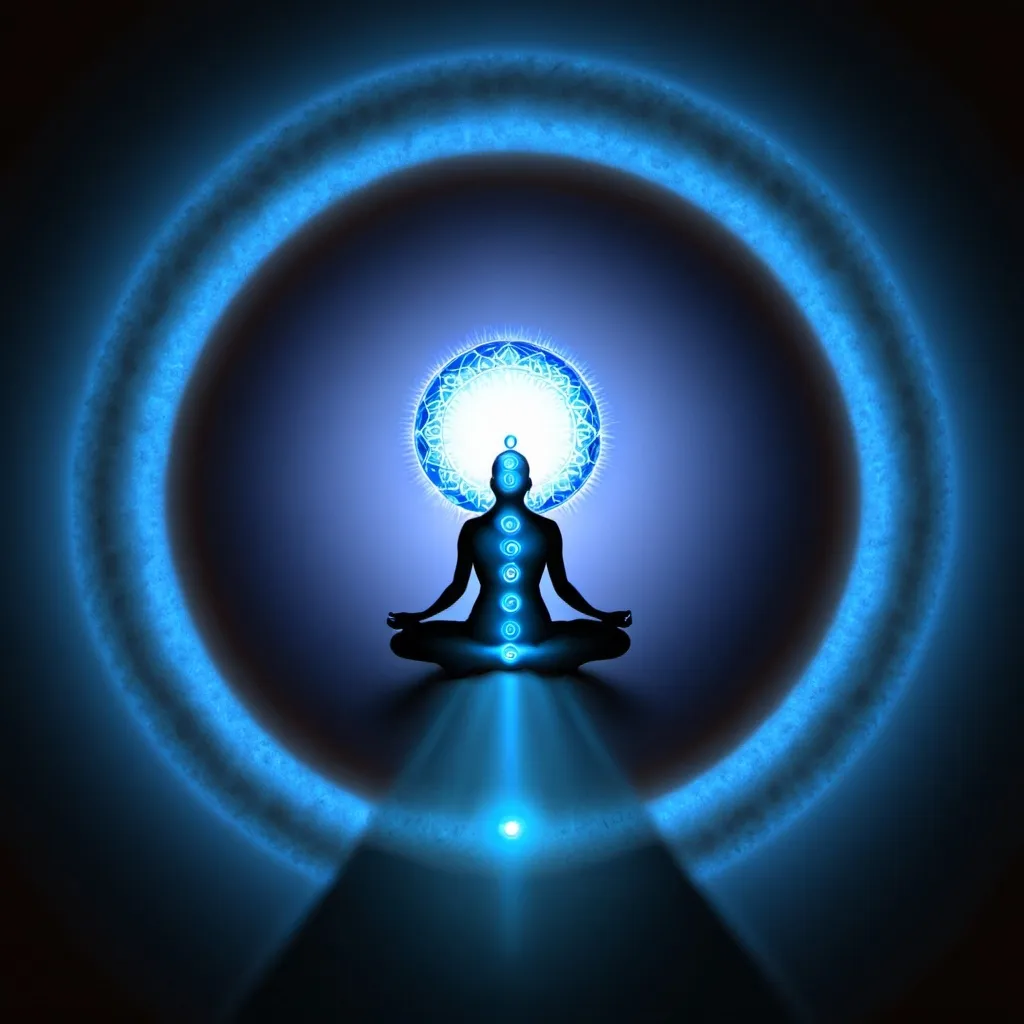 Prompt: chakra energy a bright blue light from head top to body bottom 