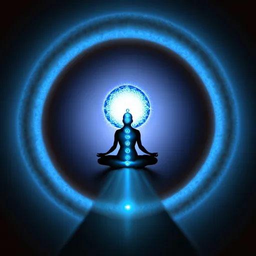 Prompt: chakra energy a bright blue light from head top to body bottom 