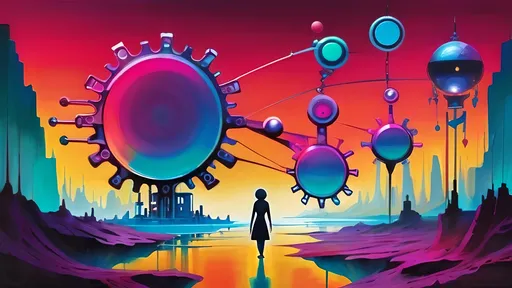 Prompt: Create a wide surreal mechanical landscape filled with vibrant colors and whimsical geometry. Envision floating gears of various sizes hovering amid the scene, each one shimmering with reflections of the warm guiding light that permeates the atmosphere. Glowing paths wind through the composition, leading to a distant horizon, hinting at undiscovered realms. In the center, a small silhouetted figure stands in a thoughtful pose, arms slightly outstretched, as if on the brink of discovering their purpose within this intricate world. Ethereal mist swirls gently around, adding a dreamlike quality, while elegant mechanical architecture rises in the background, adorned with intricate details and illuminated accents. Emphasize a surrealism style that captures this enchanting convergence of the mechanical and the mystical.