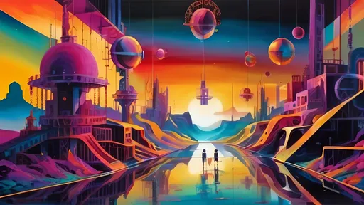 Prompt: Create a wide surreal mechanical landscape filled with vibrant colors and whimsical geometry. Envision floating gears of various sizes hovering amid the scene, each one shimmering with reflections of the warm guiding light that permeates the atmosphere. Glowing paths wind through the composition, leading to a distant horizon, hinting at undiscovered realms. In the center, a small silhouetted figure stands in a thoughtful pose, arms slightly outstretched, as if on the brink of discovering their purpose within this intricate world. Ethereal mist swirls gently around, adding a dreamlike quality, while elegant mechanical architecture rises in the background, adorned with intricate details and illuminated accents. Emphasize a surrealism style that captures this enchanting convergence of the mechanical and the mystical.