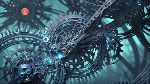 Prompt: A surreal close-up macro shot reveals a mesmerizing tableau of interlocking gears, their polished metal surfaces glinting under an ethereal glow. As the gears turn rhythmically, minute sparks of vibrant light dance along their edges, illuminating the cool blue shadows that play across the scene. The intricate design showcases an organic mechanical fusion, where twisted vines and delicate leaves intertwine with the machinery, creating a harmonious blend of nature and industry. A soft fog envelops the gears, adding an air of mystery and depth to this cinematic industrial dreamscape, inviting the viewer to lose themselves in the vibrant hues and surreal forms.