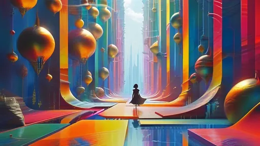Prompt: Create a wide surreal mechanical landscape filled with vibrant colors and whimsical geometry. Envision floating gears of various sizes hovering amid the scene, each one shimmering with reflections of the warm guiding light that permeates the atmosphere. Glowing paths wind through the composition, leading to a distant horizon, hinting at undiscovered realms. In the center, a small silhouetted figure stands in a thoughtful pose, arms slightly outstretched, as if on the brink of discovering their purpose within this intricate world. Ethereal mist swirls gently around, adding a dreamlike quality, while elegant mechanical architecture rises in the background, adorned with intricate details and illuminated accents. Emphasize a surrealism style that captures this enchanting convergence of the mechanical and the mystical.