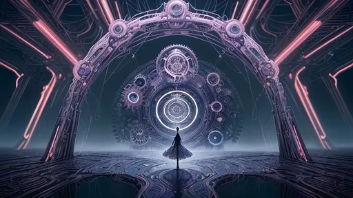 Prompt: Create a wide surreal mechanical landscape filled with vibrant colors and whimsical geometry. Envision floating gears of various sizes hovering amid the scene, each one shimmering with reflections of the warm guiding light that permeates the atmosphere. Glowing paths wind through the composition, leading to a distant horizon, hinting at undiscovered realms. In the center, a small silhouetted figure stands in a thoughtful pose, arms slightly outstretched, as if on the brink of discovering their purpose within this intricate world. Ethereal mist swirls gently around, adding a dreamlike quality, while elegant mechanical architecture rises in the background, adorned with intricate details and illuminated accents. Emphasize a surrealism style that captures this enchanting convergence of the mechanical and the mystical.