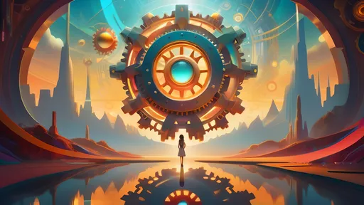 Prompt: Create a wide surreal mechanical landscape filled with vibrant colors and surrealistic geometry. Envision floating gears of various sizes hovering amid the scene, each one shimmering with reflections of the warm guiding light that permeates the atmosphere. 
Glowing paths wind through the composition, leading to a distant horizon, hinting at undiscovered realms. In the center, a beautiful woman stands in a thoughtful pose, arms slightly outstretched, Looking around 
as if on the brink of discovering their purpose within this intricate world. Ethereal mist swirls gently around, adding a dreamlike quality, while elegant mechanical architecture rises in the background, adorned with intricate details and illuminated accents. Emphasize a surrealism style that captures this enchanting convergence of the mechanical and the mystical.