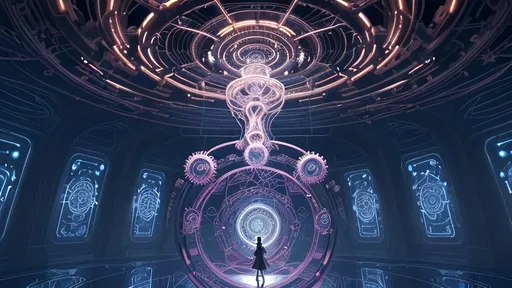 Prompt: Create a wide surreal mechanical landscape filled with vibrant colors and whimsical geometry. Envision floating gears of various sizes hovering amid the scene, each one shimmering with reflections of the warm guiding light that permeates the atmosphere. Glowing paths wind through the composition, leading to a distant horizon, hinting at undiscovered realms. In the center, a small silhouetted figure stands in a thoughtful pose, arms slightly outstretched, as if on the brink of discovering their purpose within this intricate world. Ethereal mist swirls gently around, adding a dreamlike quality, while elegant mechanical architecture rises in the background, adorned with intricate details and illuminated accents. Emphasize a surrealism style that captures this enchanting convergence of the mechanical and the mystical.
