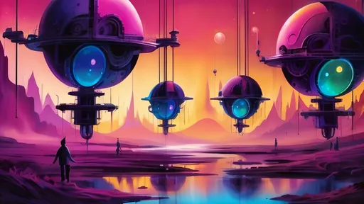Prompt: Create a wide surreal mechanical landscape filled with vibrant colors and whimsical geometry. Envision floating gears of various sizes hovering amid the scene, each one shimmering with reflections of the warm guiding light that permeates the atmosphere. Glowing paths wind through the composition, leading to a distant horizon, hinting at undiscovered realms. In the center, a small silhouetted figure stands in a thoughtful pose, arms slightly outstretched, as if on the brink of discovering their purpose within this intricate world. Ethereal mist swirls gently around, adding a dreamlike quality, while elegant mechanical architecture rises in the background, adorned with intricate details and illuminated accents. Emphasize a surrealism style that captures this enchanting convergence of the mechanical and the mystical.